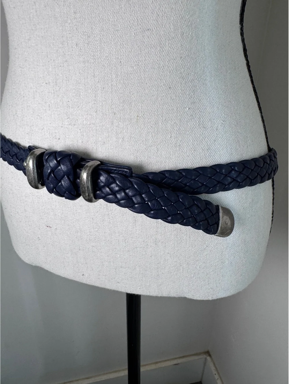 Vintage Navy blue braided leather belt featuring silver-tone hardware